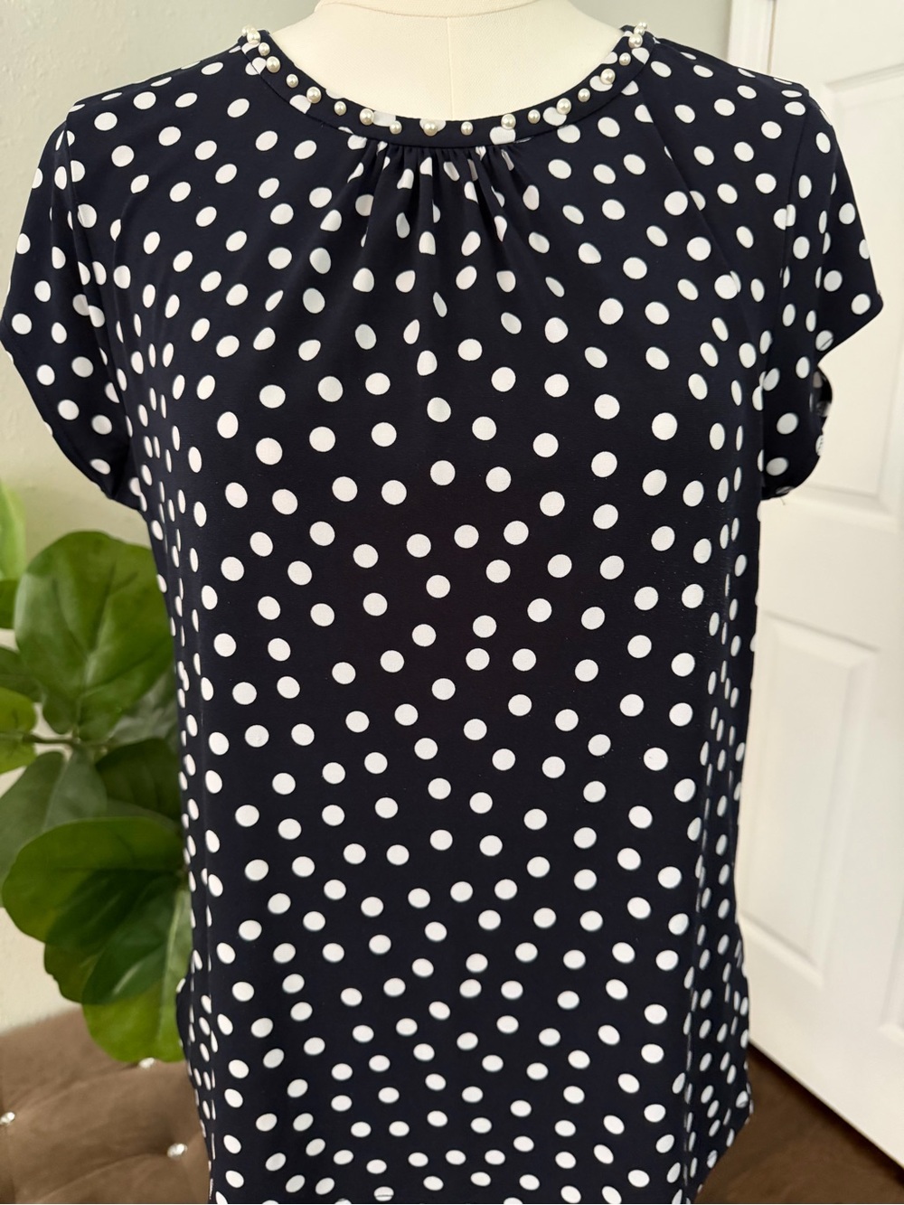 Karl Lagerfeld Navy and White Polka Dot Short Sleeve Top